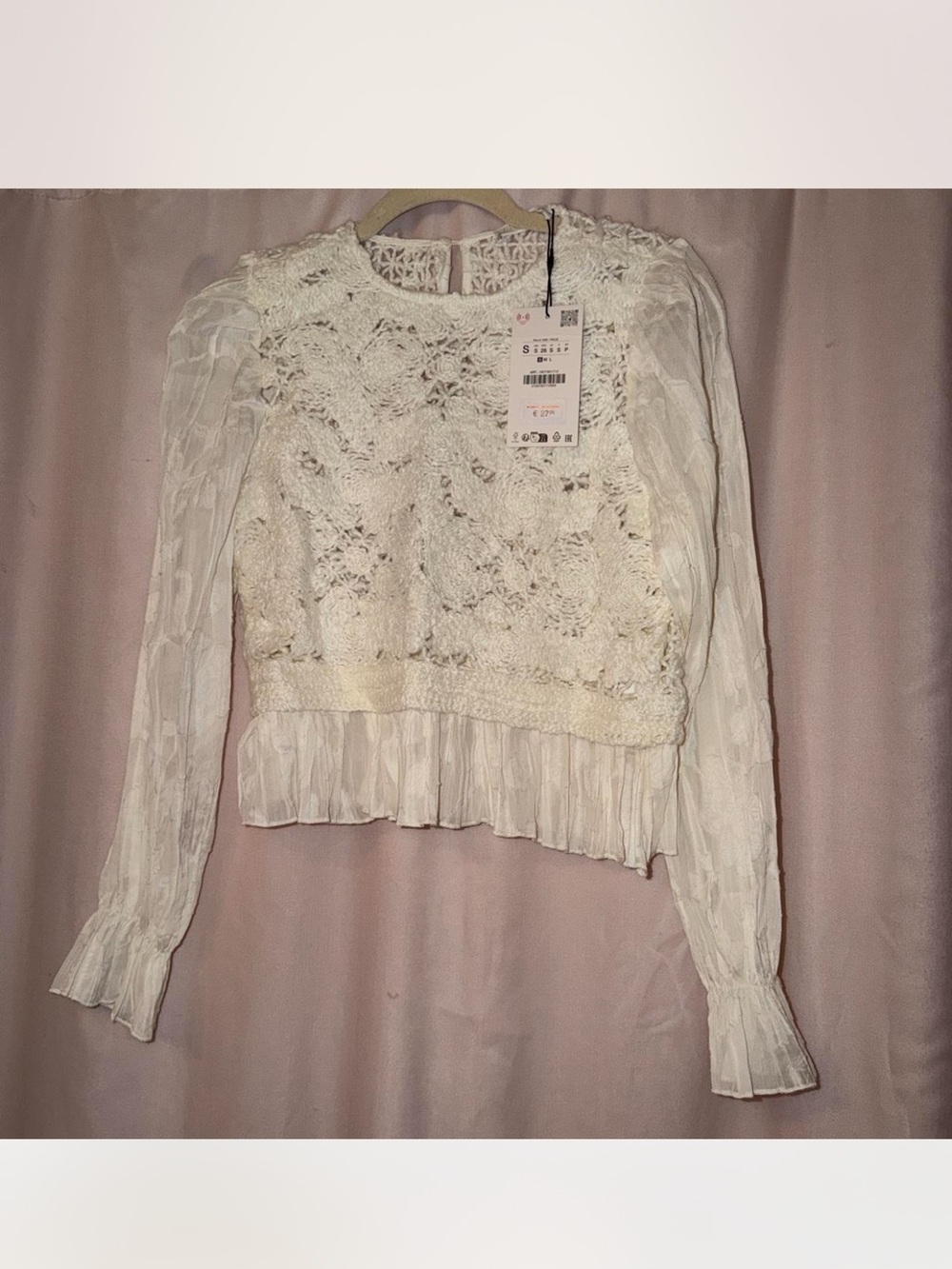 Zara Cream crochet white lace long sleeve blouse